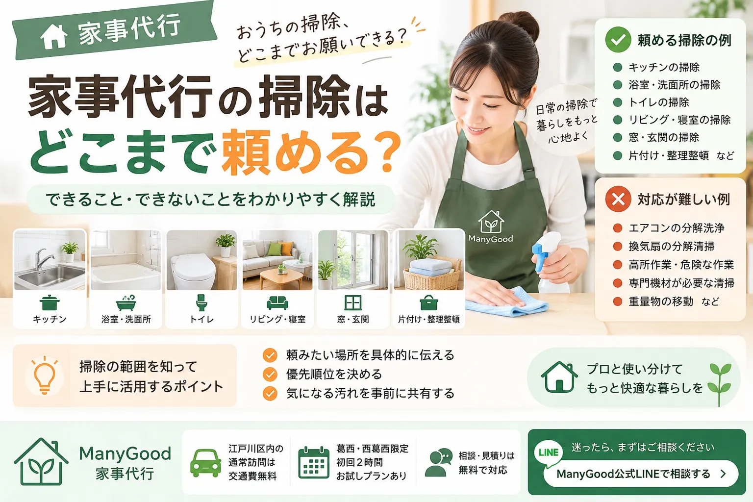 家事代行の掃除はどこまで頼めるか対応できる掃除と難しい作業を紹介するManyGoodの解説画像