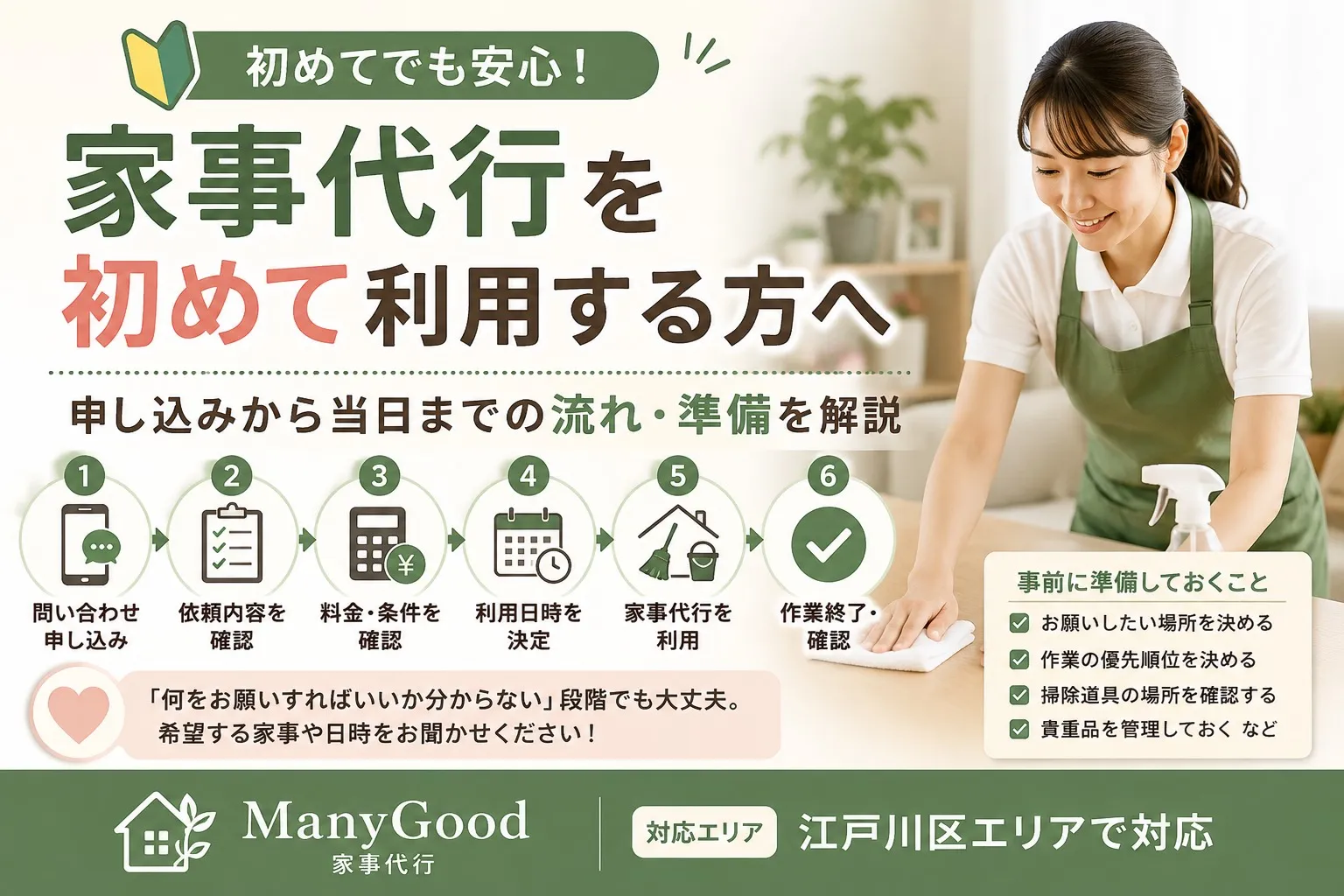 家事代行を初めて利用する方へ申し込みから当日までの流れと準備を紹介するManyGoodの解説画像